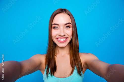 Close up portrait of lovely pretty youngster feeling funny making photos blogging blogger isolated getting unforgettable moments on colorful background