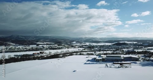 Aerial view of snow covered landscape and town