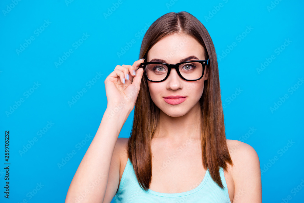 Close up photo amazing beautiful she her lady intelligence look candid eyes graduated first working day week reliable person wear specs casual tank top outfit clothes isolated blue bright background Close up photo amazing beautiful she her lady intelligence look candid eyes graduated first working day week reliable person wear specs casual tank top outfit clothes isolated blue bright background