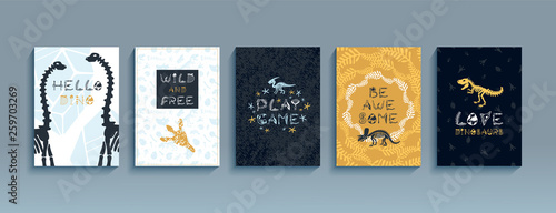 Vector set posters of dinosaurs illustration. Perfect for greetings, cards, baby prints, apparel, t-shirt, baby shower, packaging, invites, graphic design and other.