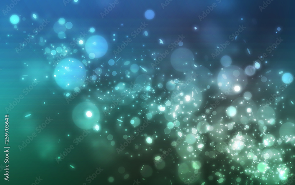 Blue and green glitter light floating from bottom scene wint bokeh on dark background Blue and green glitter light floating from bottom scene wint bokeh on dark background