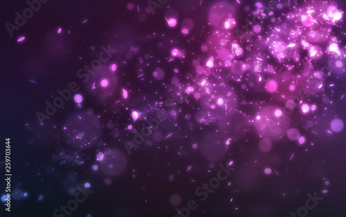 Abstract purple glitter light and bokeh falling on dark background