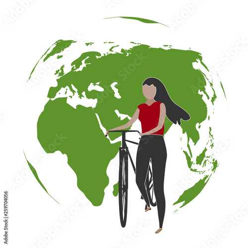 illustration of a woman with bicycle on world map in background