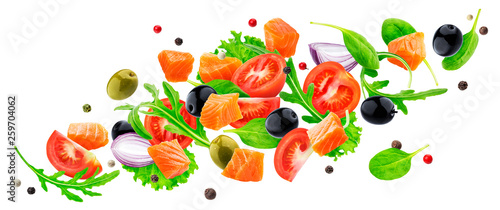 Flying salmon salad isolated on white background with clipping path