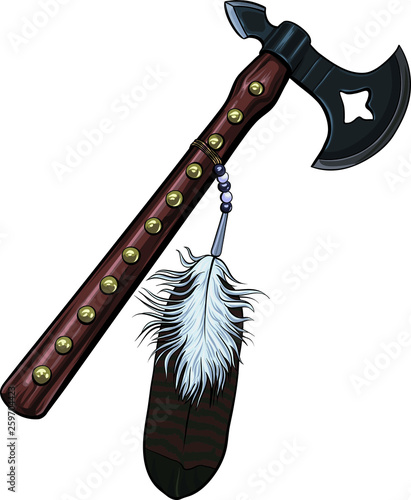 Hand drawn native american axe vector illustration. American indian tomahawk with feather. 