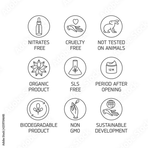 Vector set of logos, badges and icons for natural eco friendly handmade products, organic cosmetics, vegan and vegetarian food isolated on white background. Eco safe sign design.