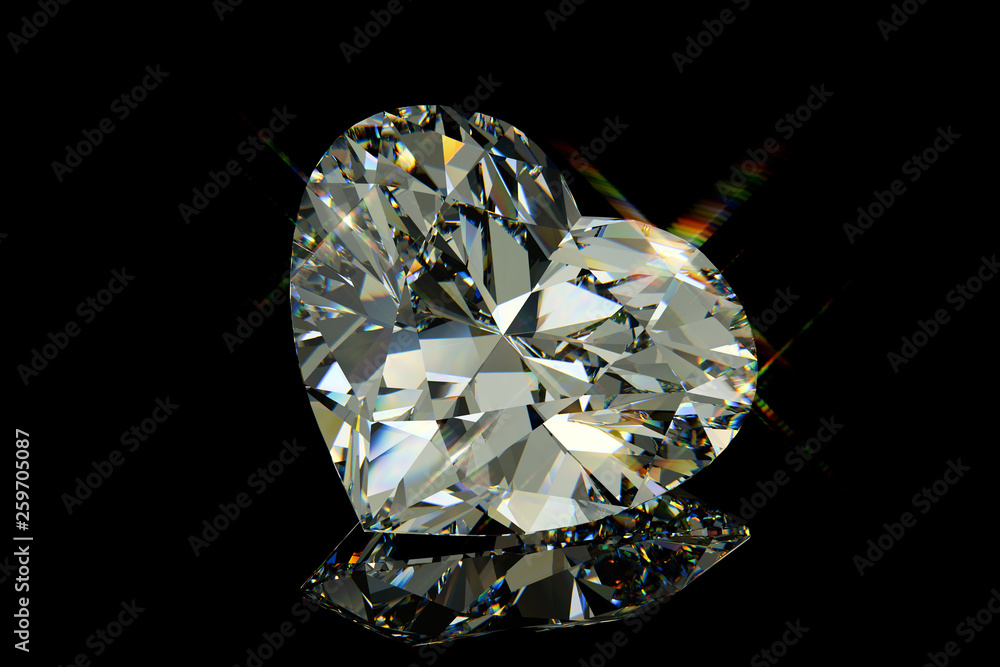 Heart cut diamond on black glossy background. - obrazy, fototapety, plakaty 