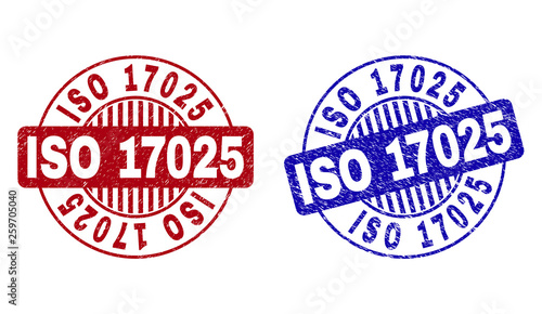 Grunge ISO 17025 round stamp seals isolated on a white background. Round seals with grunge texture in red and blue colors. Vector rubber overlay of ISO 17025 title inside circle form with stripes.