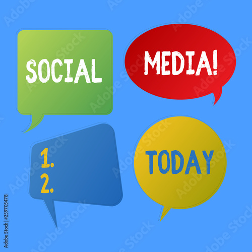 Writing note showing Social Media. Business concept for websites and applications enable users create and share content Speech Bubble Sticker in Different Shapes and Multiple Chat