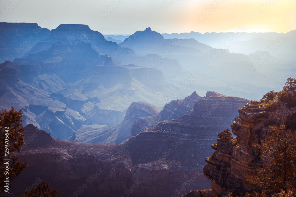 Sunrise morning at Grand Canyon National Park. Fog beautiful landscape