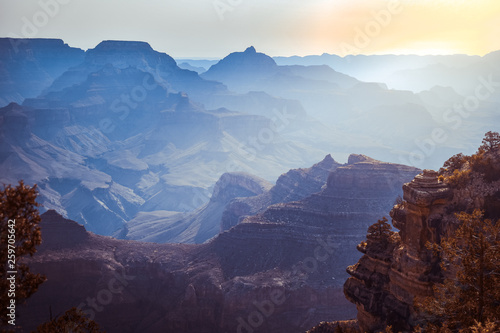 Sunrise morning at Grand Canyon National Park. Fog beautiful landscape