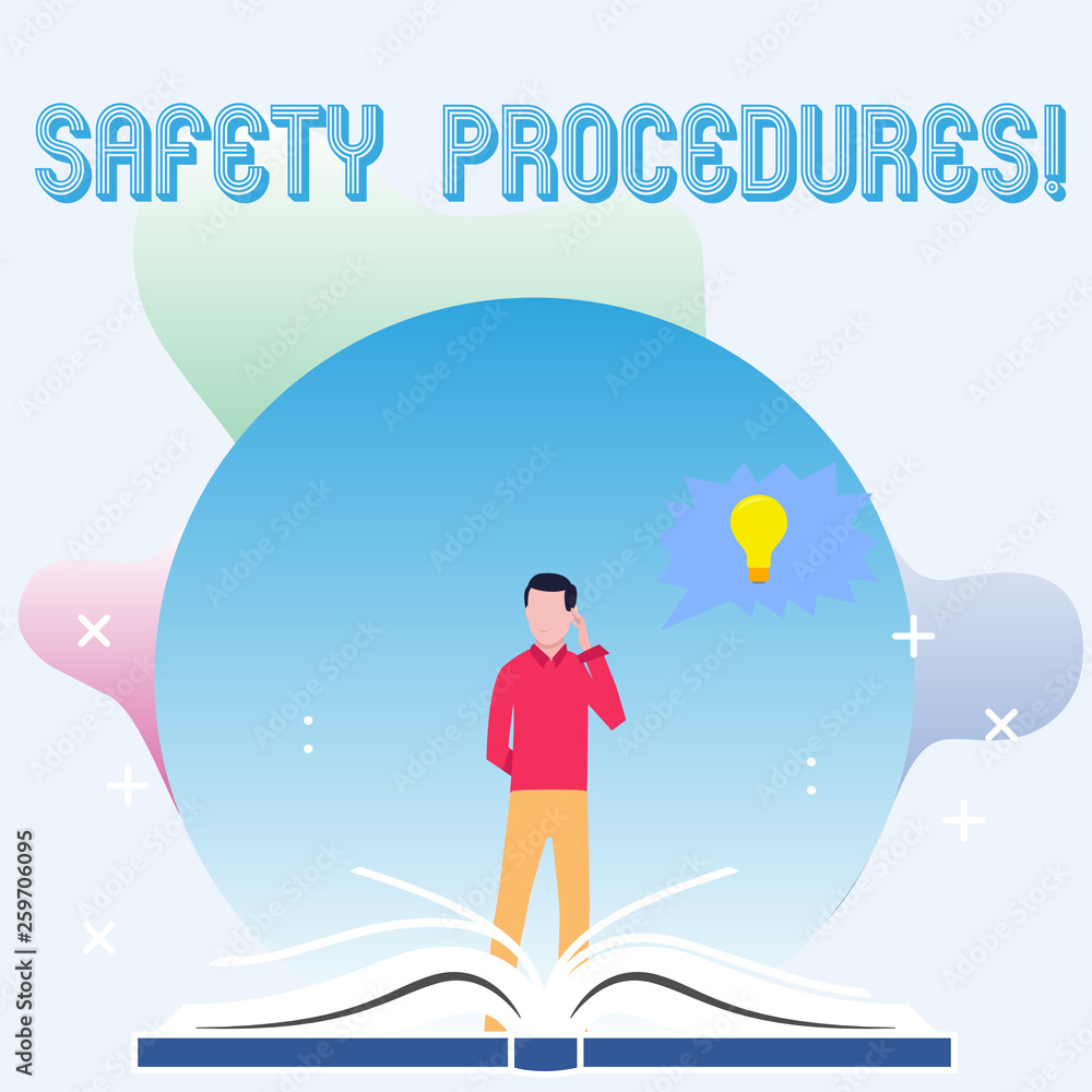 Text sign showing Safety Procedures. Business photo showcasing steps description of process when deviation may cause loss Man Standing Behind Open Book, Hand on Head, Jagged Speech Bubble with Bulb Text sign showing Safety Procedures. Business photo showcasing steps description of process when deviation may cause loss Man Standing Behind Open Book, Hand on Head, Jagged Speech Bubble with Bulb