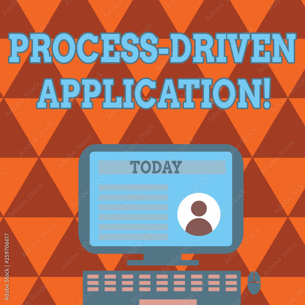 Conceptual hand writing showing Process Driven Application. Concept meaning workflow engine where process can be exposed Computer Mounted on Stand with Online Profile Data on Screen Conceptual hand writing showing Process Driven Application. Concept meaning workflow engine where process can be exposed Computer Mounted on Stand with Online Profile Data on Screen