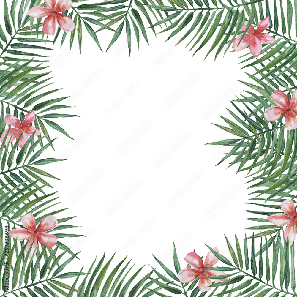 Frame with palms leaves and pink Plumeria flowers. Watercolor illustration.