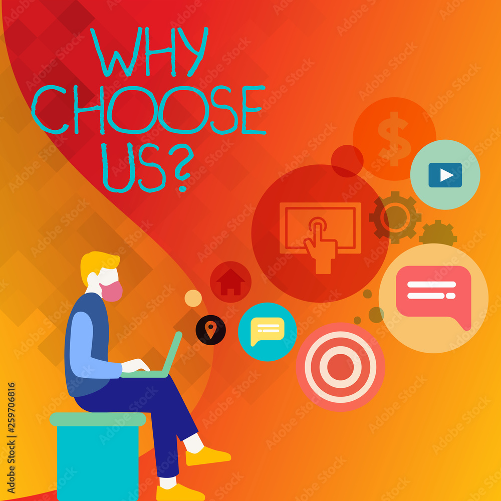 Text sign showing Why Choose Us Question. Business photo text list advantages disadvantages to select product Man Sitting Down with Laptop on his Lap and SEO Driver Icons on Blank Space