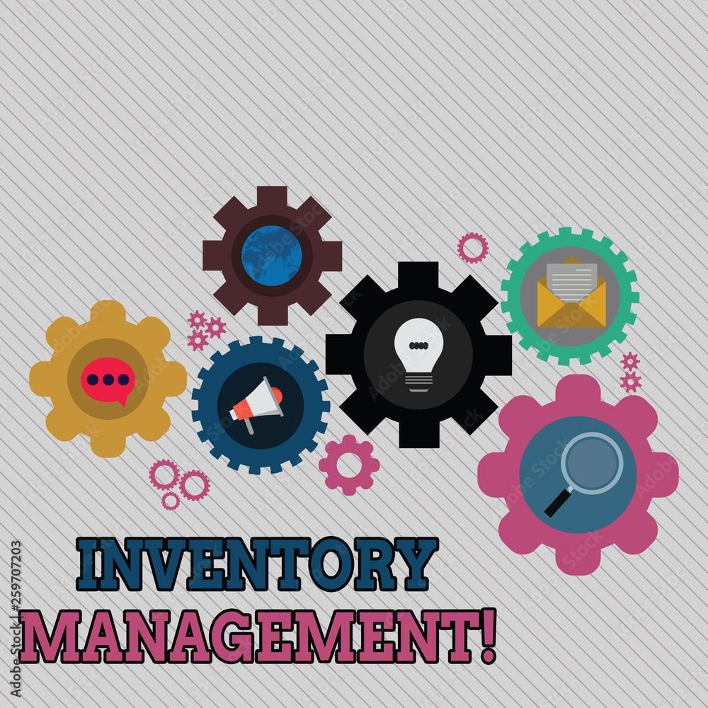 Conceptual hand writing showing Inventory Management. Concept meaning supervision of non capitalized assets and stock items Set of Global Online Social Networking Icons Cog Wheel Gear