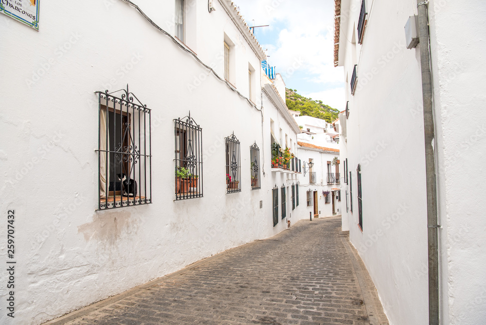 Charming white village street in Mijas, Andalusia, Spain.