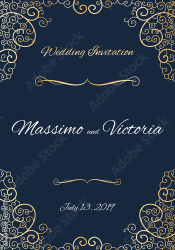Vector invitation card with swirls. Gold design with vintage curls. Save the date. Vector illustration, cartoon style.