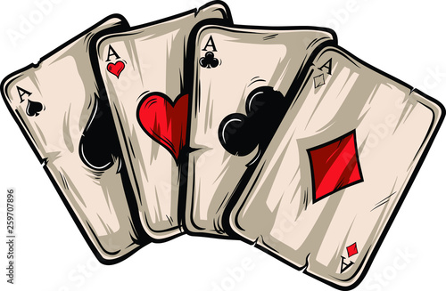 Four aces poker playing cards on white background. Carton hand-drawn vector illustration. photo