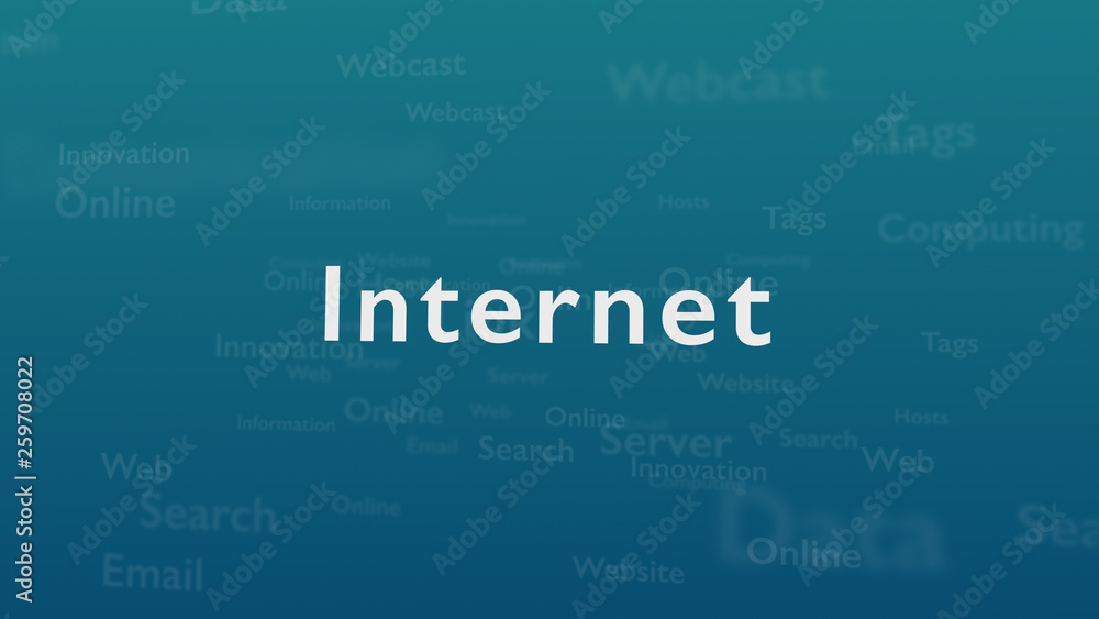 Light blue background with different words, which deal with internet. Close up. Copy space. 3D.