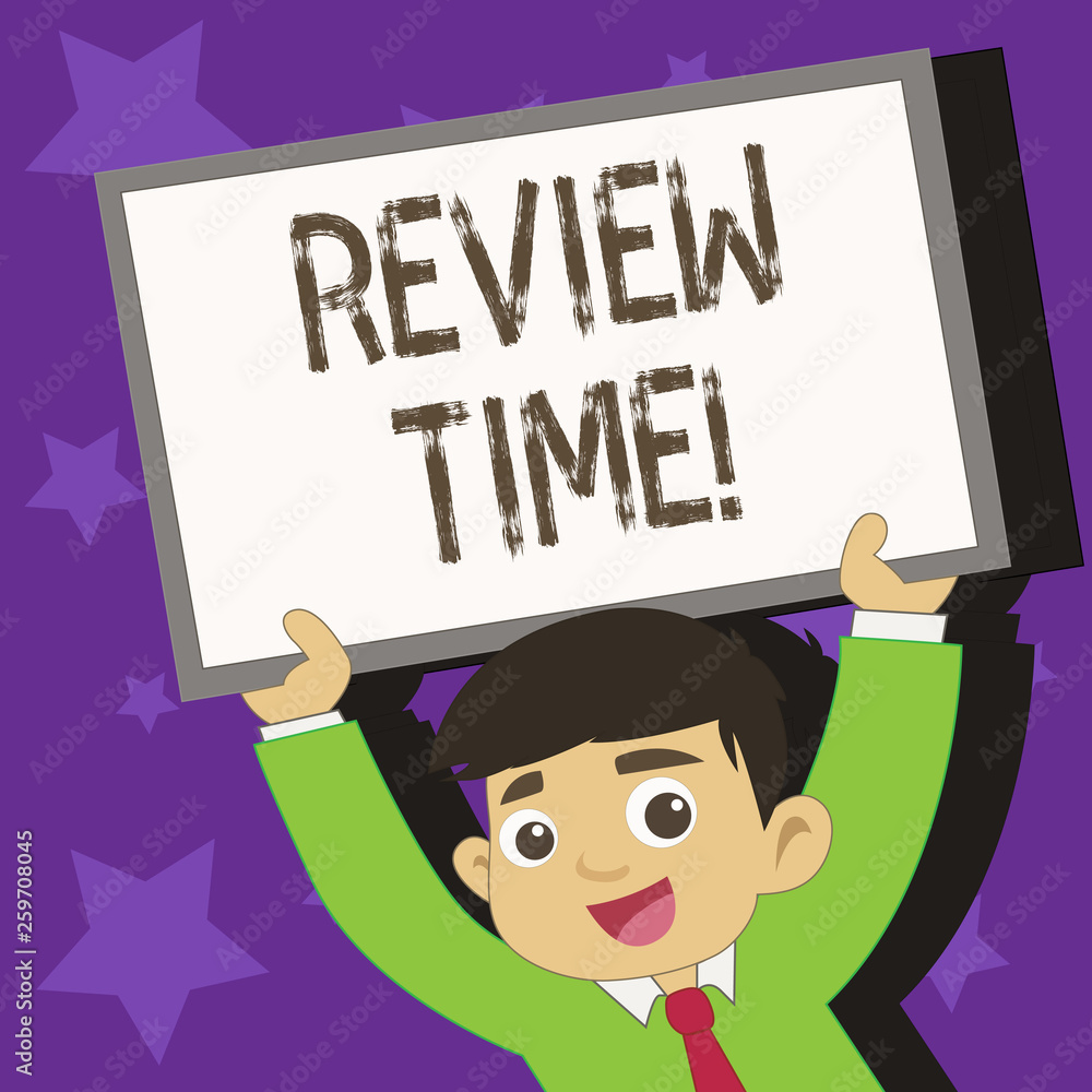 Conceptual hand writing showing Review Time. Concept meaning survey over whole subject or division it Summary of something Young Student Raising Upward Frame Whiteboard Above his Head Conceptual hand writing showing Review Time. Concept meaning survey over whole subject or division it Summary of something Young Student Raising Upward Frame Whiteboard Above his Head