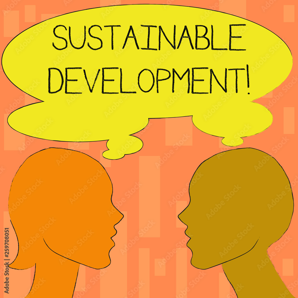 Word writing text Sustainable Development. Business photo showcasing developing without depletion of natural resources Silhouette Sideview Profile Image of Man and Woman with Shared Thought Bubble
