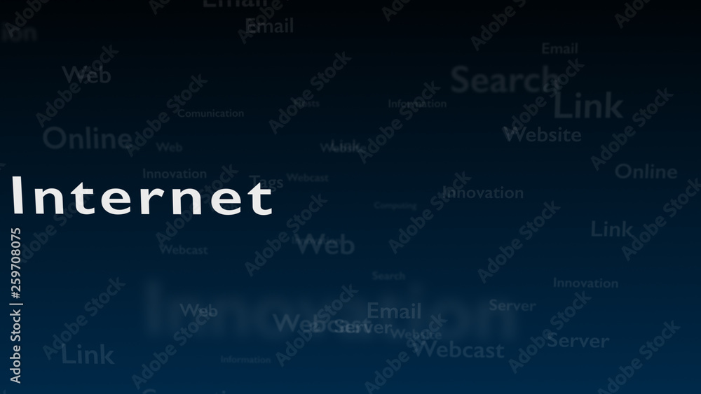 Deep blue background with different words, which deal with internet. Lettering is on the left side. Close up. Copy space. 3D. Deep blue background with different words, which deal with internet. Lettering is on the left side. Close up. Copy space. 3D.