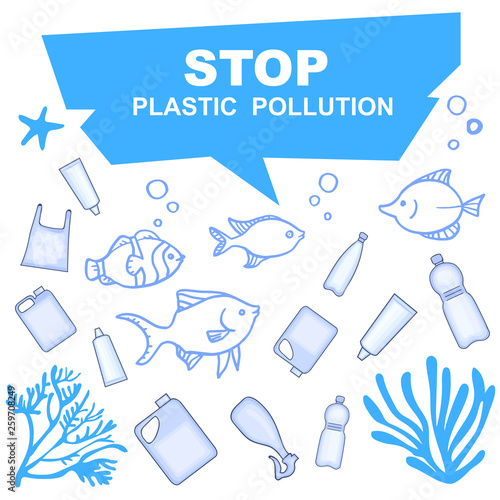 Stop pollution of water bodies with plastic containers. Underwater inhabitants and plastic in the pond.