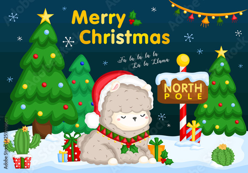 A Vector Card of Cute Llama Sitting on the Snow Surrounding by Many Gifts