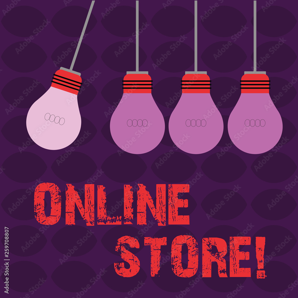 Conceptual hand writing showing Online Store. Concept meaning website by means of which goods or services sold over Internet Color Pendant Bulb Hanging with One Different Shade Lightbulb Conceptual hand writing showing Online Store. Concept meaning website by means of which goods or services sold over Internet Color Pendant Bulb Hanging with One Different Shade Lightbulb