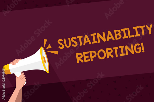 Writing note showing Sustainability Reporting. Business concept for give information economic environmental perforanalysisce Human Hand Holding Megaphone with Sound Icon and Text Space photo