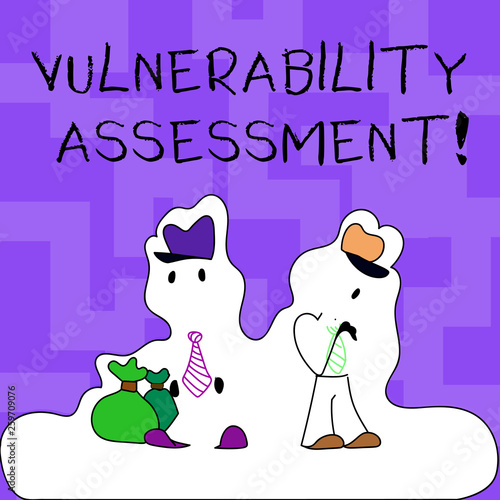 Text sign showing Vulnerability Assessment. Business photo text defining identifying prioritizing vulnerabilities Figure of Two Men Standing with Pouch Bag on White Sticker Style Snow Effect