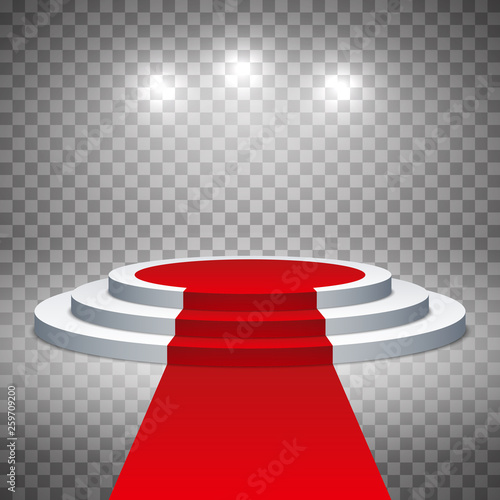 White pedestal with red carpet. Ceremonial transparent background for the presentation of the product or person. Editable vector illustration.