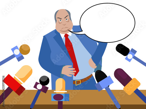 Bad politician, corrupt official gives interviews to journalists. In minimalist style. Flat isometric vector isolated on white background text bubble