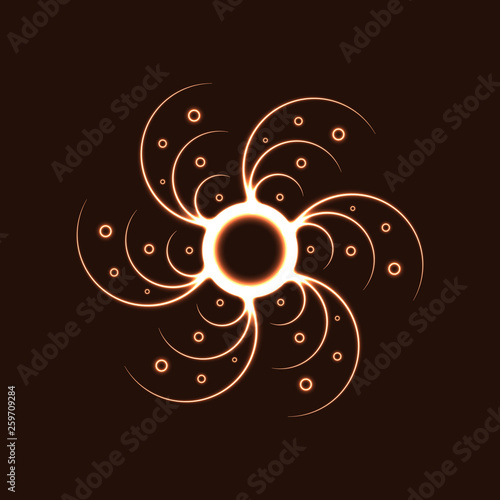 Circular gold bright pattern. Geometrical ornament. Light emission..