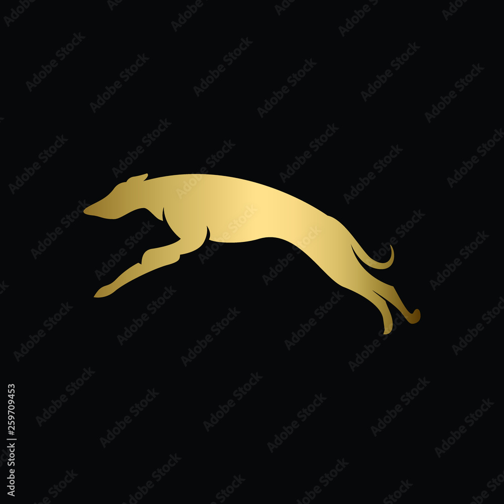 Fototapeta premium Creative and Minimalist Running and Jumping Whippet Dog Logo Design , Editable in Vector Format in Black and Gold Color