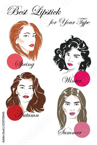 Seasonal color analysis. Set of vector hand drawn girls with different types of female appearance. Best lipstick colors for Autumn, Spring, Summer, Winter