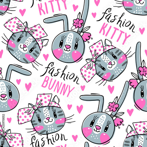 Seamless pattern with faces of cats and rabbits in hairpins bows. Fashion kawaii bunny and kitty. Vector illustration