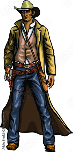 Hand drawn portrait of a old cowboy prepared to draw his weapon. Western cartoon retro character vector format.