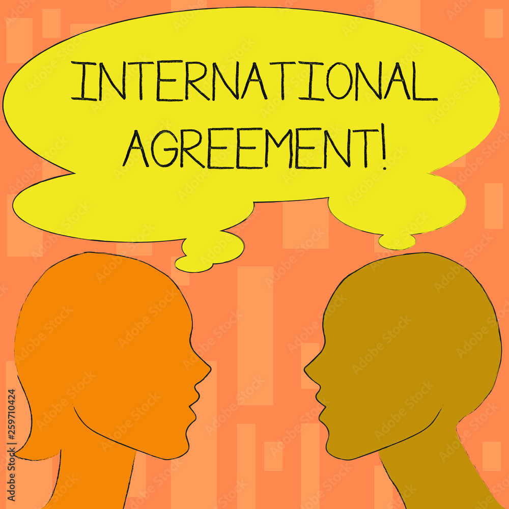 Word writing text International Agreement. Business photo showcasing document signed by countries want make new rules Silhouette Sideview Profile Image of Man and Woman with Shared Thought Bubble