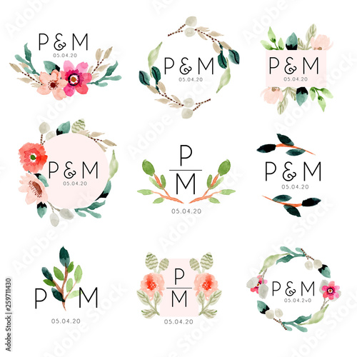 wedding monogram with beautiful floral watercolor