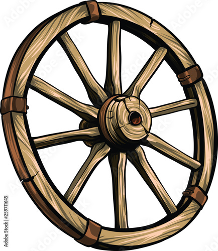 Old wagon wooden wheel vector illustration. Cartoon romantic illustration.