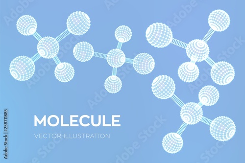 Molecule Structure. Dna, atom, neurons. Molecules and chemical formulas. 3D Scientific molecule background for medicine, science, technology, chemistry, biology. Vector illustration.