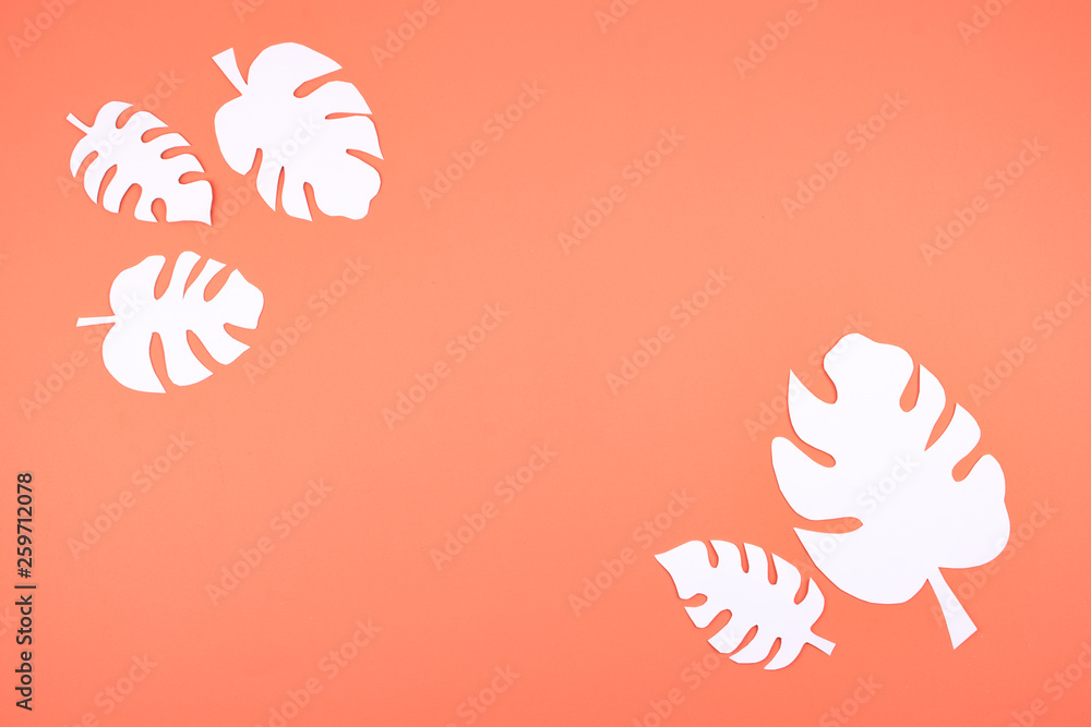 Fototapeta premium White paper Monstera leaves on coral orange background with copy space. Summer tropical exotic palm plant frame flat lay, top view
