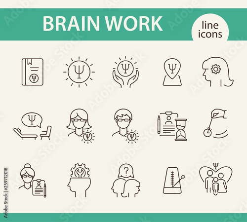 Brain work line icon set