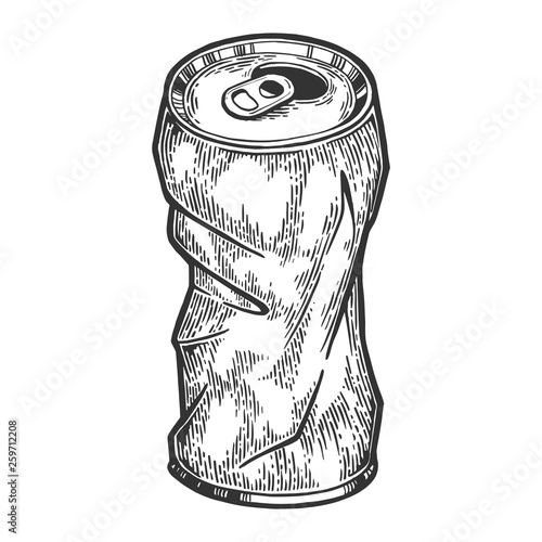 Rumpled metal can sketch engraving vector illustration. Scratch board style imitation. Hand drawn image.