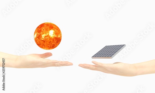 Solar energy illustration with two hands  sun and solar panel 3D illustration