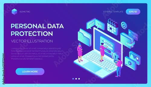 Data protection. Desktop pc with authorization form on screen, personal data protection. User male and female character. Data access, login form on screen. 3d isometric design. Vector illustration.