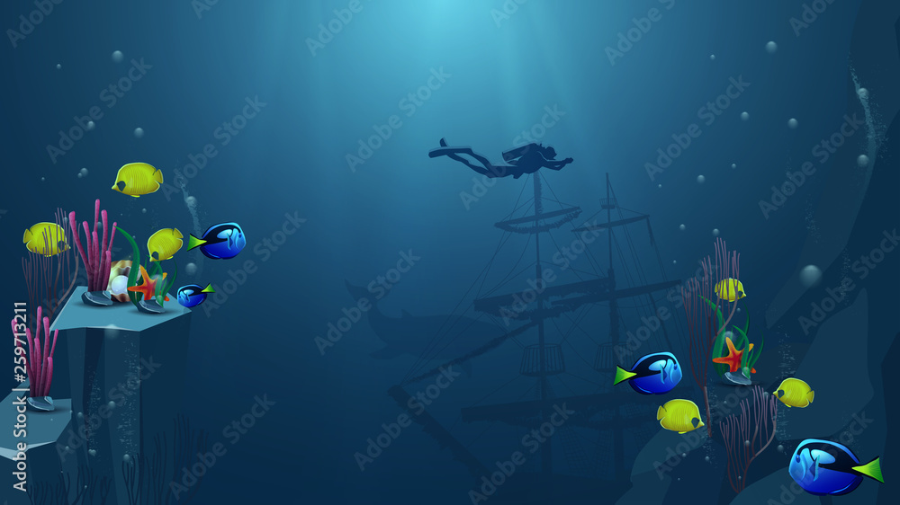 Underwater world, vector illustration with yellow fish, blue fish, rock, starfish, pearl and diver