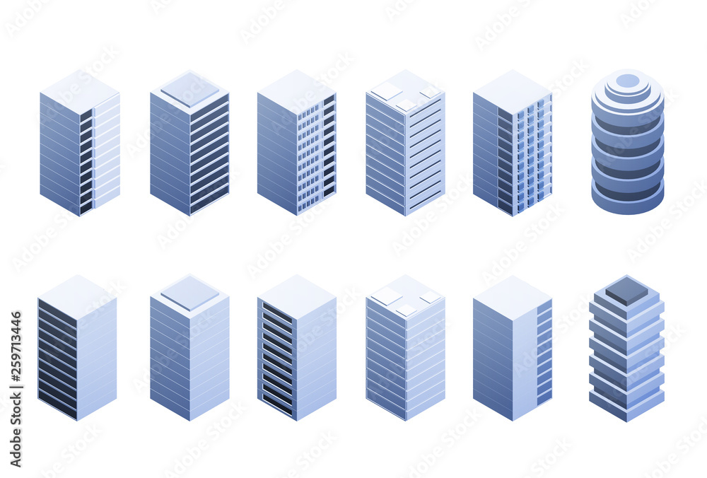 Set of isometric 3d data center, hosting or server boxes isolated on white background. Digital technology conceptual elements. Vector illustration.